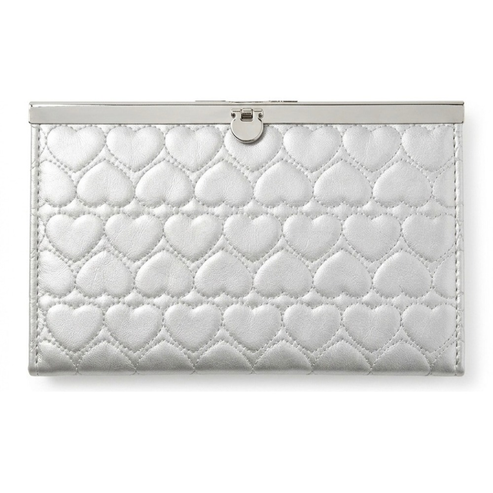 Silver Metallic Vtg Quilted Heart Clutch Bag Mirror Vanity Case Evening Purse